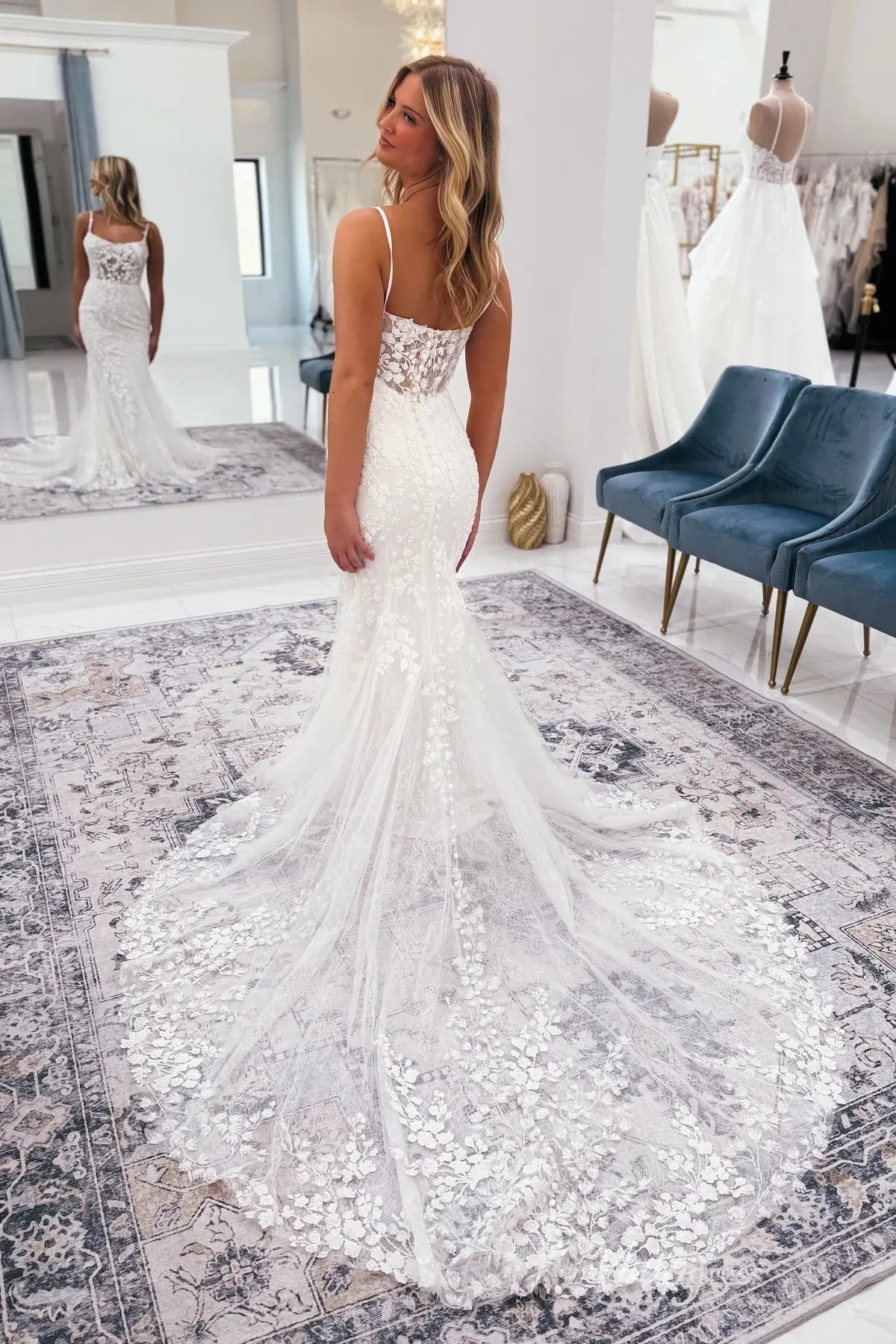 Ivory Lace Mermaid Wedding Dress with Sheer Corset Bodice, Spaghetti Straps & Chapel Lace Train – ML161