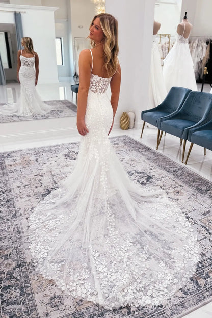 Ivory Lace Mermaid Wedding Dress with Sheer Corset Bodice, Spaghetti Straps & Chapel Lace Train – ML161