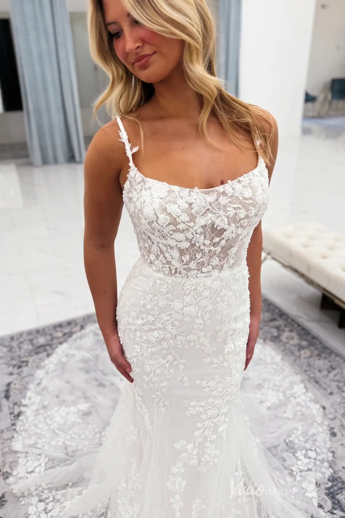 Ivory Lace Mermaid Wedding Dress with Sheer Corset Bodice, Spaghetti Straps & Chapel Lace Train – ML161