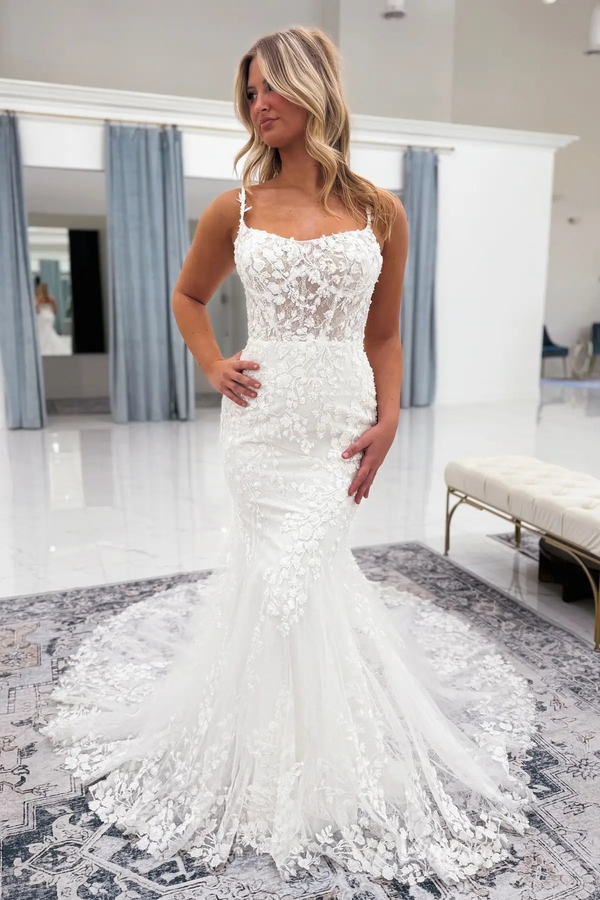 Ivory Lace Mermaid Wedding Dress with Sheer Corset Bodice, Spaghetti Straps & Chapel Lace Train – ML161