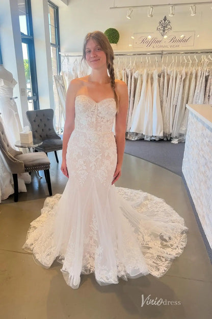 Ivory Lace Mermaid Wedding Dress with Sweetheart Neckline, Sheer Corset Bodice & Chapel Train – ML167