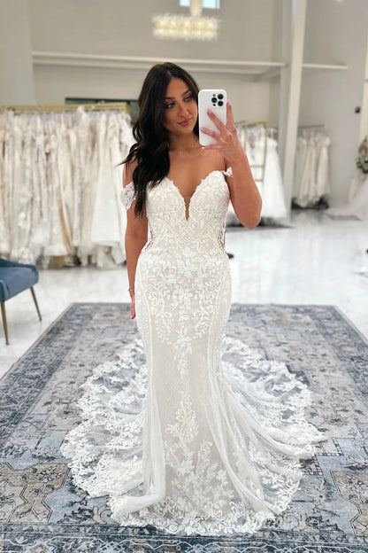 Ivory Lace Mermaid Wedding Dress with Sweetheart Neckline, Sheer Illusion Back & Dramatic Lace Chapel Train – ML157-wedding dresses 2026-Viniodress-Ivory-Custom Size-