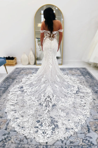 Ivory Lace Mermaid Wedding Dress with Sweetheart Neckline, Sheer Illusion Back & Dramatic Lace Chapel Train – ML157