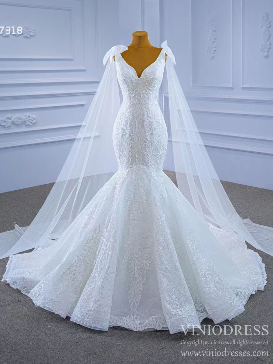 Ivory Lace Mermaid Wedding Dresses with Cape Sleeves Viniodress 67318 viniodress-wedding dresses-Viniodress-Viniodress