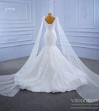 Ivory Lace Mermaid Wedding Dresses with Cape Sleeves Viniodress 67318 viniodress-wedding dresses-Viniodress-Viniodress