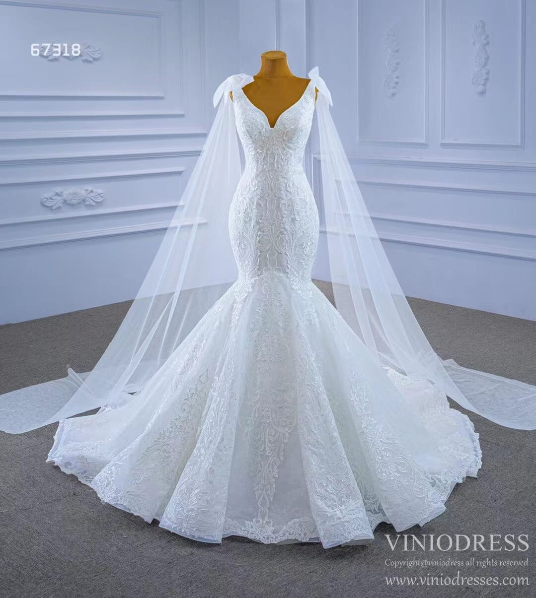 Ivory Lace Mermaid Wedding Dresses with Cape Sleeves Viniodress 67318 viniodress-wedding dresses-Viniodress-Viniodress