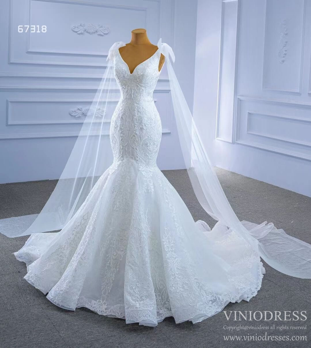 Ivory Lace Mermaid Wedding Dresses with Cape Sleeves Viniodress 67318 viniodress-wedding dresses-Viniodress-Viniodress