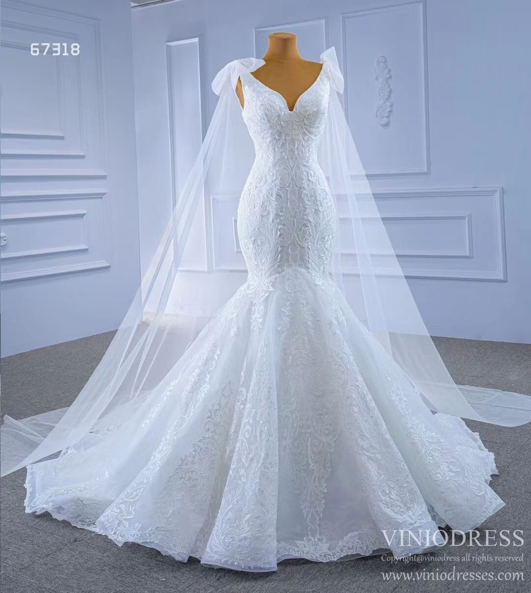 Ivory Lace Mermaid Wedding Dresses with Cape Sleeves Viniodress 67318 viniodress-wedding dresses-Viniodress-Viniodress