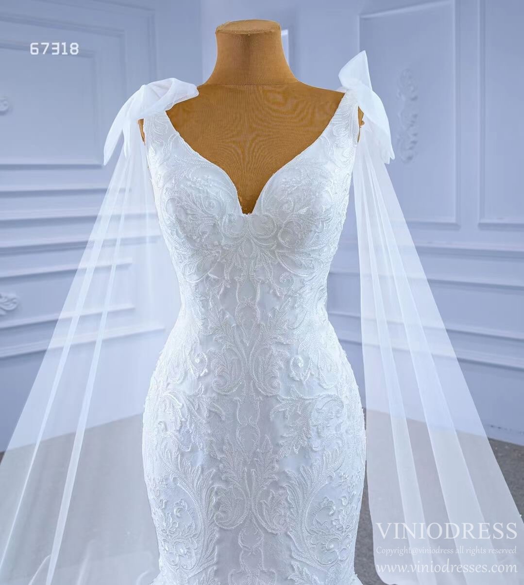 Ivory Lace Mermaid Wedding Dresses with Cape Sleeves Viniodress 67318 viniodress-wedding dresses-Viniodress-Viniodress