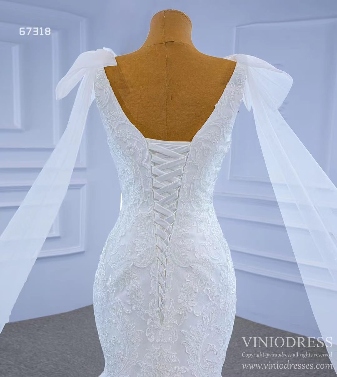 Ivory Lace Mermaid Wedding Dresses with Cape Sleeves Viniodress 67318 viniodress-wedding dresses-Viniodress-Viniodress