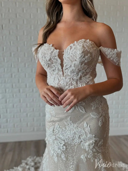 Ivory Lace Off-Shoulder Mermaid Wedding Dress with Floral Appliqués & Sparkly Train – Style VW2519-wedding dresses 2025 -Viniodress-Ivory-Custom Size-