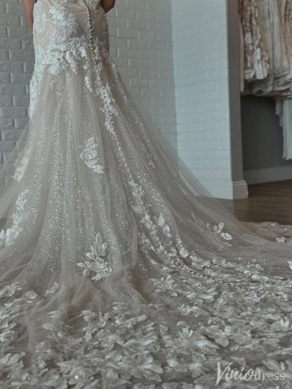 Ivory Lace Off-Shoulder Mermaid Wedding Dress with Floral Appliqués & Sparkly Train – Style VW2519-wedding dresses 2025 -Viniodress-Ivory-Custom Size-