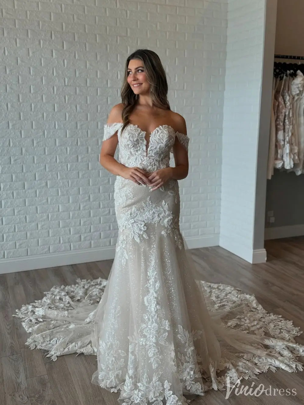 Ivory Lace Off-Shoulder Mermaid Wedding Dress with Floral Appliqués & Sparkly Train – Style VW2519-wedding dresses 2025 -Viniodress-Ivory-Custom Size-
