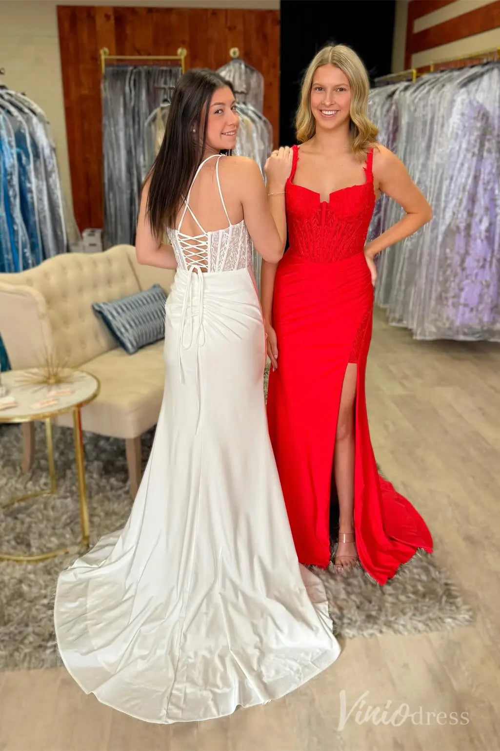 Ivory Lace Prom Dress with Sheer Corset Bodice, Spaghetti Straps, Ruched Satin Skirt, Slit – SS039-prom dresses 2025 -Viniodress-Custom Colors-Custom Size-