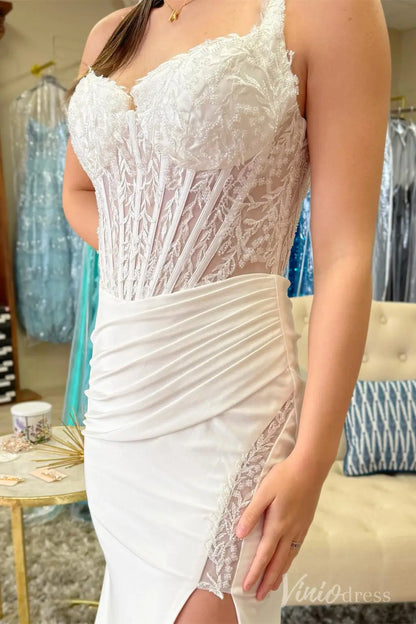 Ivory Lace Prom Dress with Sheer Corset Bodice, Spaghetti Straps, Ruched Satin Skirt, Slit – SS039-prom dresses 2025 -Viniodress-Custom Colors-Custom Size-