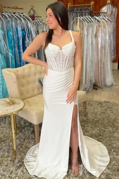 Ivory Lace Prom Dress with Sheer Corset Bodice, Spaghetti Straps, Ruched Satin Skirt, Slit – SS039-prom dresses 2025 -Viniodress-Ivory-Custom Size-