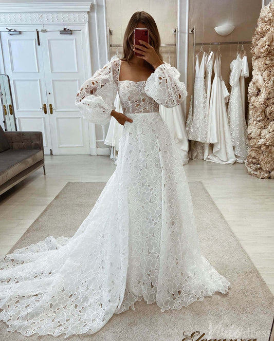 Ivory Lace Sheer Wedding Dresses Long Sleeve Rustic Bridal Gown VW2173-wedding dresses 2025 -Viniodress-Ivory-Custom Size-