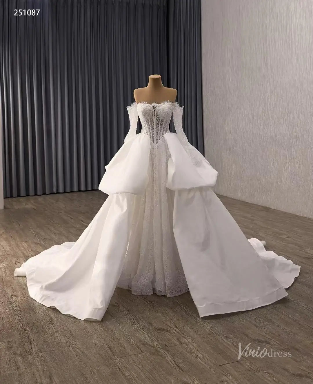 Ivory Lace Wedding Dress with Off-Shoulder Long Sleeves, Sheer Corset & Sculptural Overskirt – 251087-wedding dresses 2026-Viniodress-Ivory-Custom Size – Add Measurements in Cart-