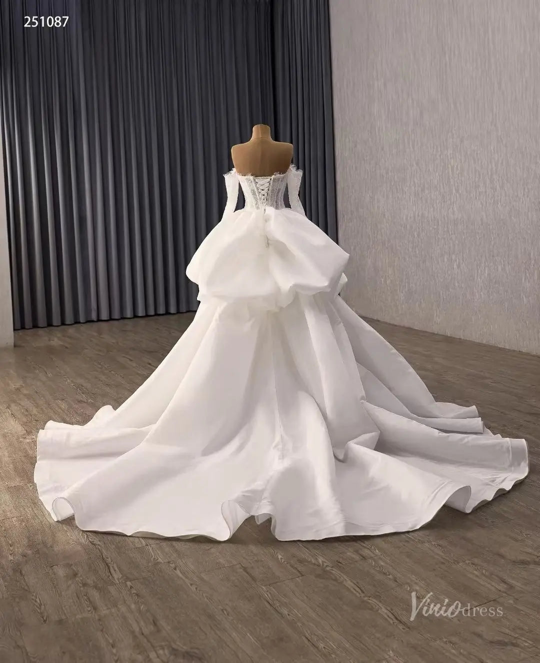 Ivory Lace Wedding Dress with Off-Shoulder Long Sleeves, Sheer Corset & Sculptural Overskirt – 251087-wedding dresses 2026-Viniodress-Ivory-Custom Size – Add Measurements in Cart-