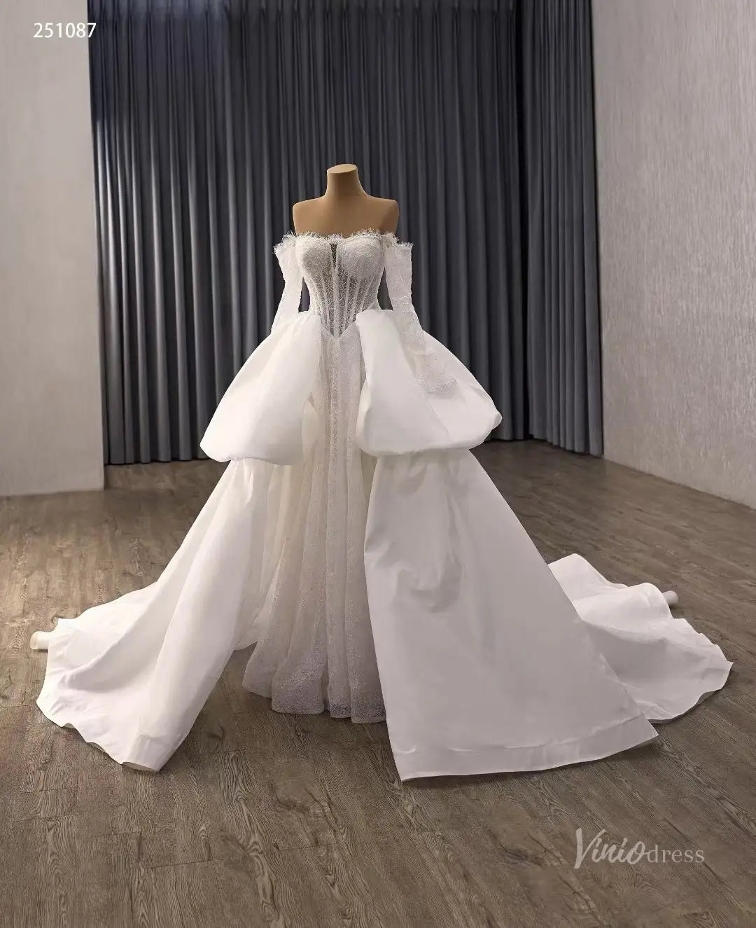 Ivory Lace Wedding Dress with Off-Shoulder Long Sleeves, Sheer Corset & Sculptural Overskirt – 251087-wedding dresses 2026-Viniodress-Ivory-Custom Size – Add Measurements in Cart-