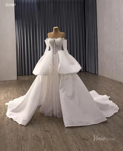 Ivory Lace Wedding Dress with Off-Shoulder Long Sleeves, Sheer Corset & Sculptural Overskirt – 251087-wedding dresses 2026-Viniodress-Ivory-Custom Size – Add Measurements in Cart-