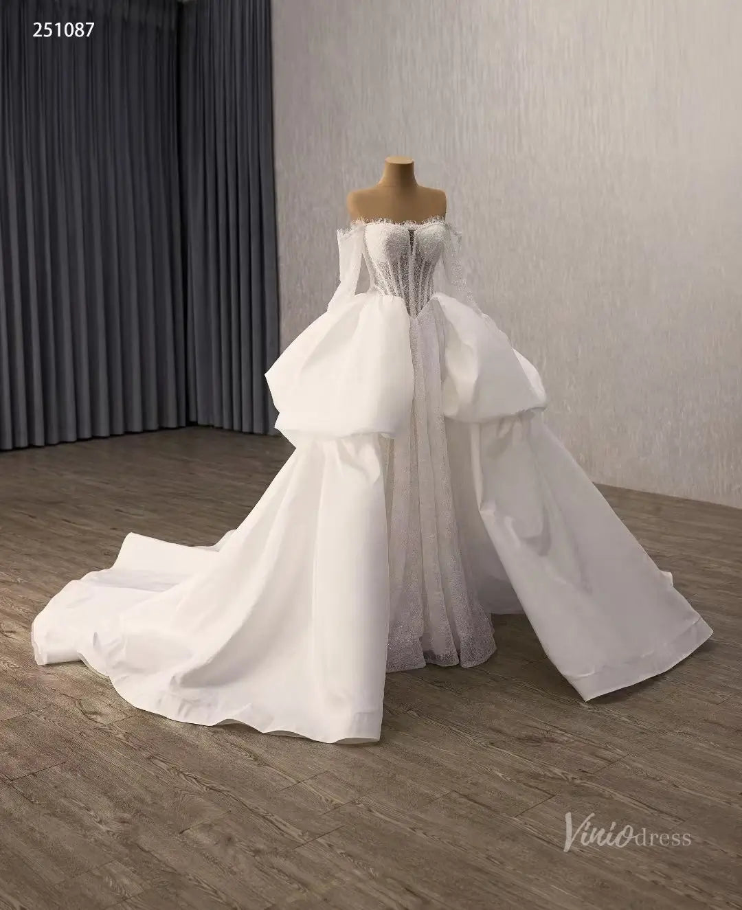 Ivory Lace Wedding Dress with Off-Shoulder Long Sleeves, Sheer Corset & Sculptural Overskirt – 251087-wedding dresses 2026-Viniodress-Ivory-Custom Size – Add Measurements in Cart-