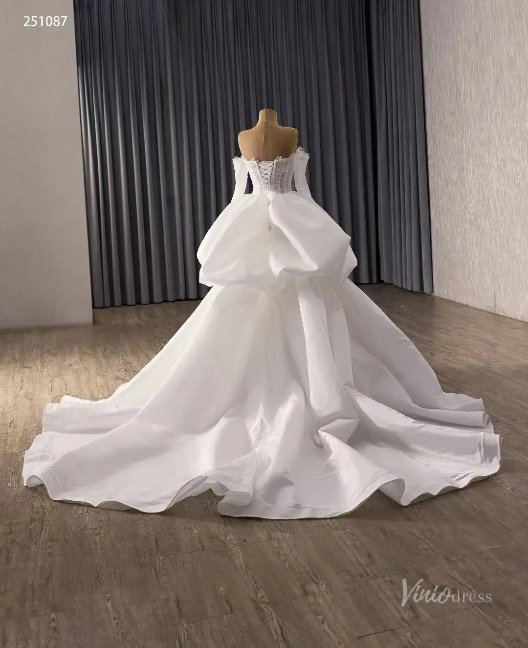 Ivory Lace Wedding Dress with Off-Shoulder Long Sleeves, Sheer Corset & Sculptural Overskirt – 251087-wedding dresses 2026-Viniodress-Ivory-Custom Size – Add Measurements in Cart-