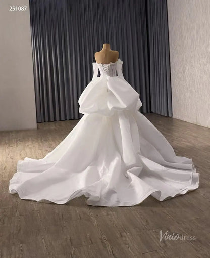 Ivory Lace Wedding Dress with Off-Shoulder Long Sleeves, Sheer Corset & Sculptural Overskirt – 251087-wedding dresses 2026-Viniodress-Ivory-Custom Size – Add Measurements in Cart-