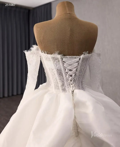 Ivory Lace Wedding Dress with Off-Shoulder Long Sleeves, Sheer Corset & Sculptural Overskirt – 251087-wedding dresses 2026-Viniodress-Ivory-Custom Size – Add Measurements in Cart-