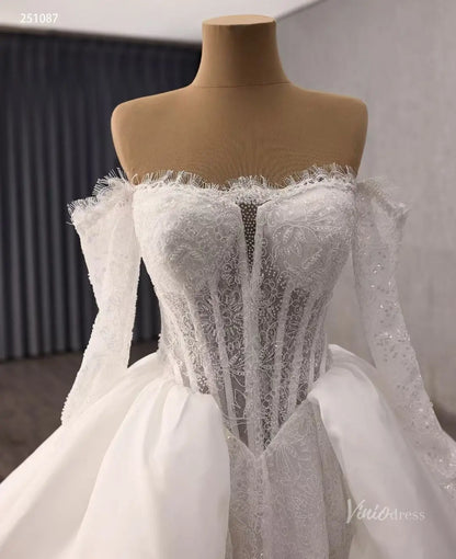 Ivory Lace Wedding Dress with Off-Shoulder Long Sleeves, Sheer Corset & Sculptural Overskirt – 251087-wedding dresses 2026-Viniodress-Ivory-Custom Size – Add Measurements in Cart-