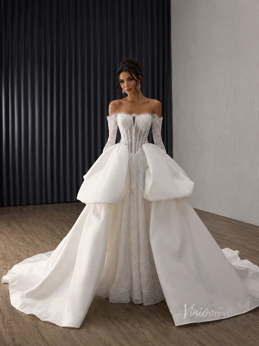 Ivory Lace Wedding Dress with Off-Shoulder Long Sleeves, Sheer Corset & Sculptural Overskirt – 251087-wedding dresses 2026-Viniodress-Ivory-Custom Size – Add Measurements in Cart-