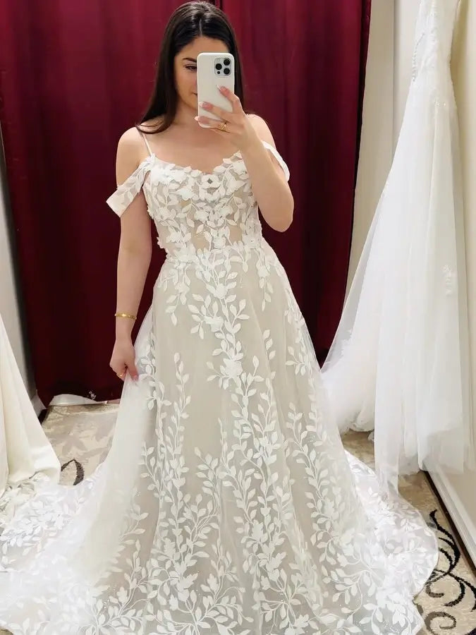 Ivory Leaf Lace A-Line Wedding Dress with Sheer Bodice, Off-Shoulder Straps, Chapel Train – LA125-wedding dresses 2025 -Viniodress-Ivory-Custom Size-