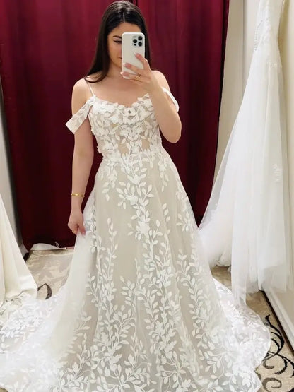 Ivory Leaf Lace A-Line Wedding Dress with Sheer Bodice, Off-Shoulder Straps, Chapel Train – LA125-wedding dresses 2025 -Viniodress-Ivory-Custom Size-