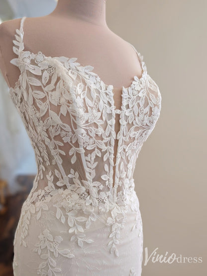 Ivory Leaf Lace Mermaid Wedding Dress with Plunging V Neck, Illusion Bodice, Spaghetti Strap, Chapel Train – ML154-wedding dresses 2025 -Viniodress-Ivory-Custom Size-