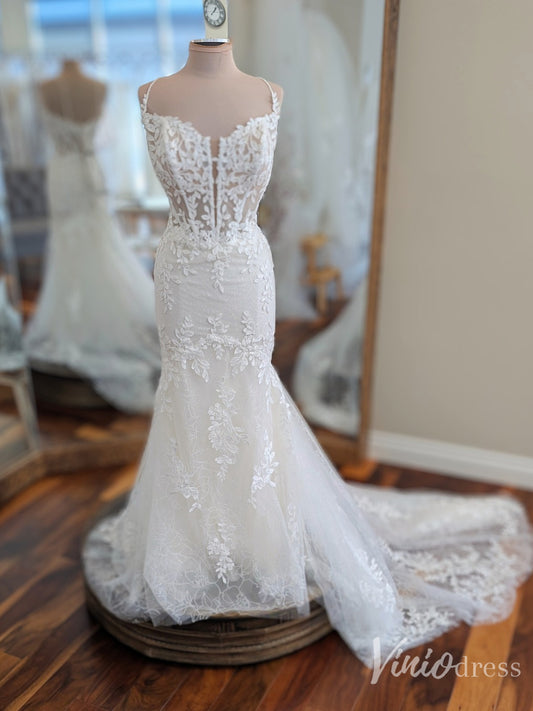 Ivory Leaf Lace Mermaid Wedding Dress with Plunging V Neck, Illusion Bodice, Spaghetti Strap, Chapel Train – ML154-wedding dresses 2025 -Viniodress-Ivory-Custom Size-