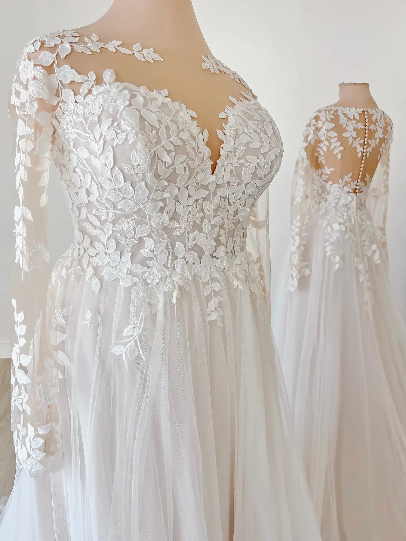 Ivory Leaf Lace Wedding Dress with Long Sleeve, Illusion Neckline, Sheer Back – LA126-wedding dresses 2025 -Viniodress-Ivory-Custom Size-