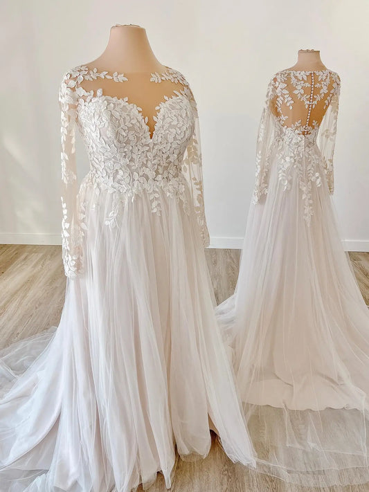 Ivory Leaf Lace Wedding Dress with Long Sleeve, Illusion Neckline, Sheer Back – LA126-wedding dresses 2025 -Viniodress-Ivory-Custom Size-