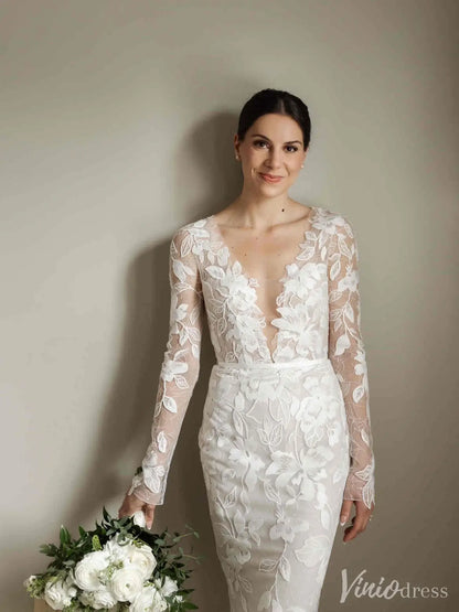 Ivory Long Sleeve Floral Lace Wedding Dress with Plunging V-Neck and Open Back – ML152-wedding dresses 2025 -Viniodress-Ivory-Custom Size-