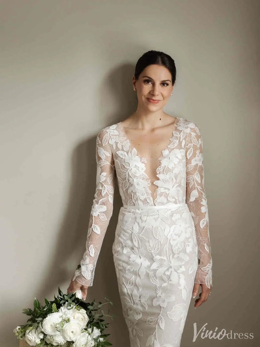 Ivory Long Sleeve Floral Lace Wedding Dress with Plunging V-Neck and Open Back – ML152-wedding dresses 2025 -Viniodress-Ivory-Custom Size-