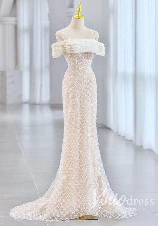 Ivory Mermaid Beaded Wedding Dresses Spaghetti Strap Bridal Dress VW2193-wedding dresses 2025 -Viniodress-Champagne-Custom Size-