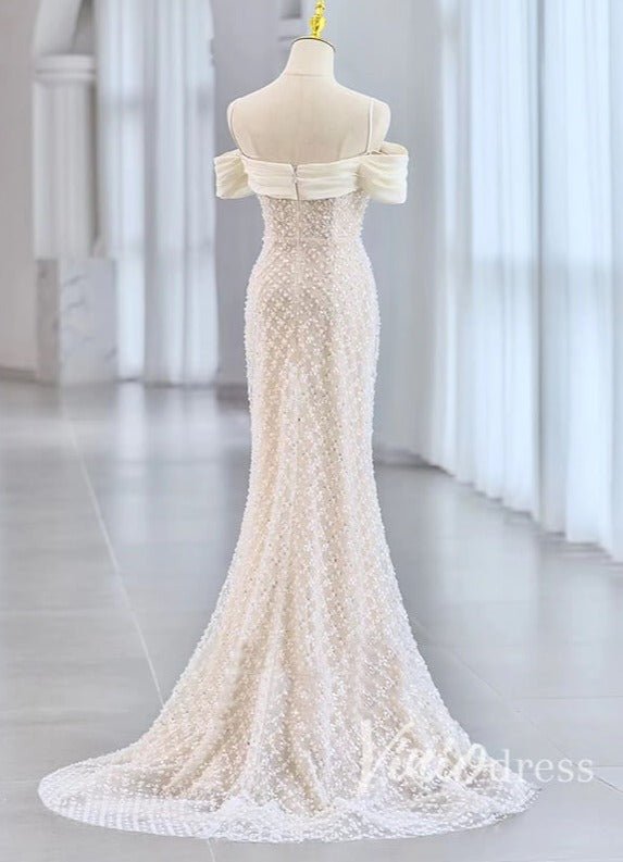 Ivory Mermaid Beaded Wedding Dresses Spaghetti Strap Bridal Dress VW2193-wedding dresses 2025 -Viniodress-Champagne-Custom Size-