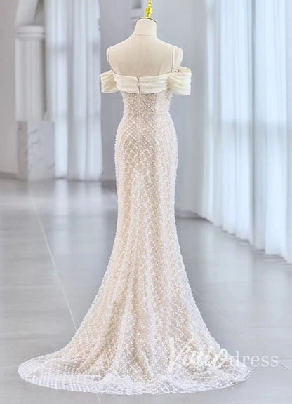 Ivory Mermaid Beaded Wedding Dresses Spaghetti Strap Bridal Dress VW2193-wedding dresses 2025 -Viniodress-Champagne-Custom Size-