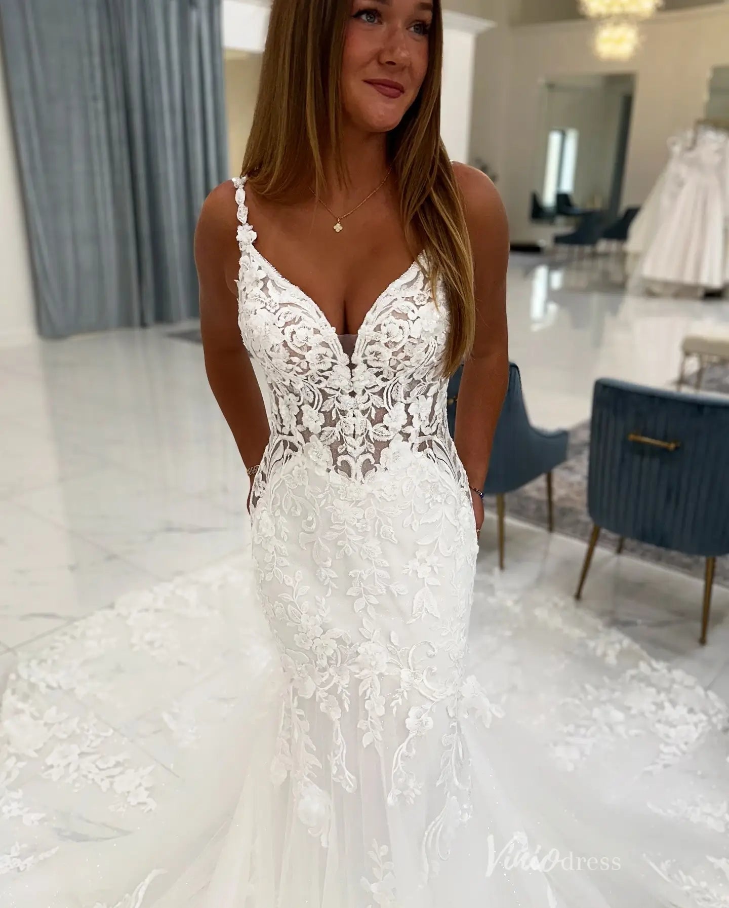 Ivory Mermaid Lace Wedding Dress with Deep V Neckline, Floral Strap Bodice & Sheer Chapel Lace Train – ML163-wedding dresses 2026-Viniodress-Ivory-Custom Size-