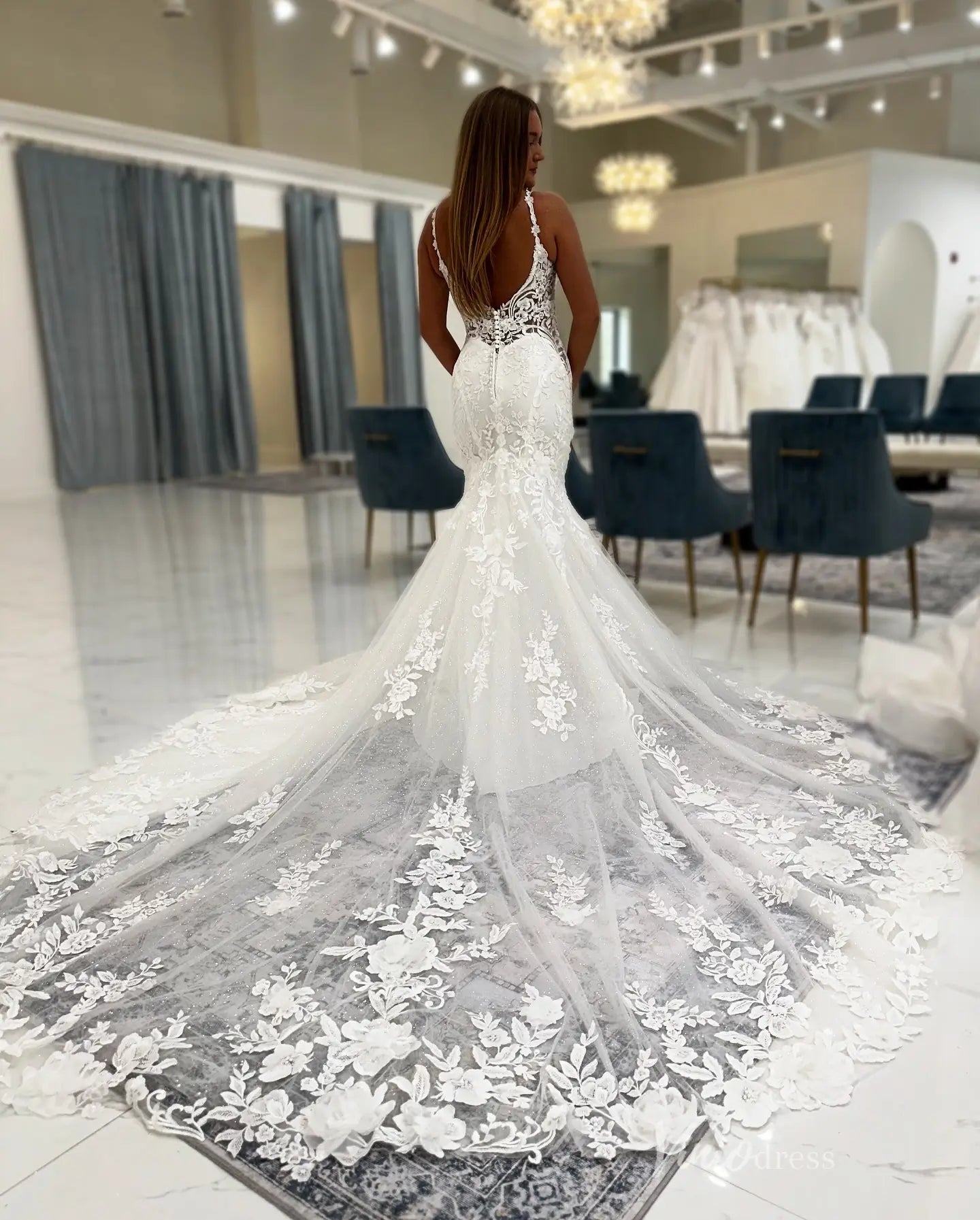 Ivory Mermaid Lace Wedding Dress with Deep V Neckline, Floral Strap Bodice & Sheer Chapel Lace Train – ML163