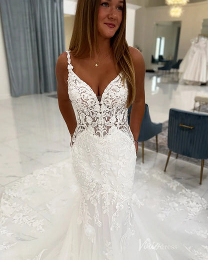 Ivory Mermaid Lace Wedding Dress with Deep V Neckline, Floral Strap Bodice & Sheer Chapel Lace Train – ML163-wedding dresses 2026-Viniodress-Ivory-Custom Size-
