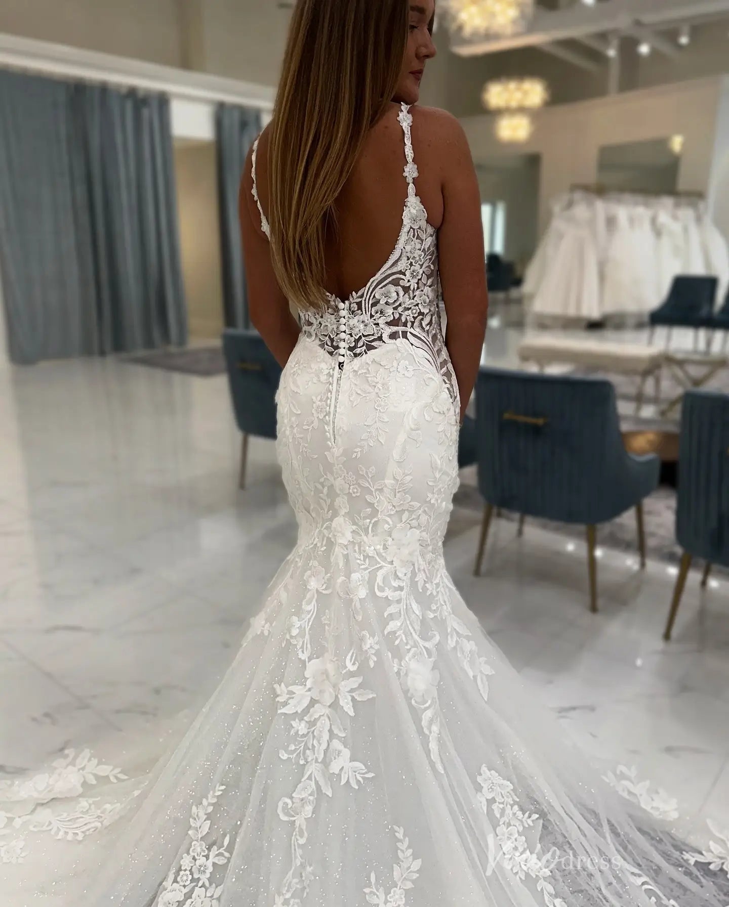 Ivory Mermaid Lace Wedding Dress with Deep V Neckline, Floral Strap Bodice & Sheer Chapel Lace Train – ML163-wedding dresses 2026-Viniodress-Ivory-Custom Size-