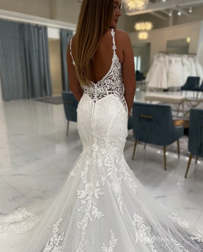 Ivory Mermaid Lace Wedding Dress with Deep V Neckline, Floral Strap Bodice & Sheer Chapel Lace Train – ML163-wedding dresses 2026-Viniodress-Ivory-Custom Size-