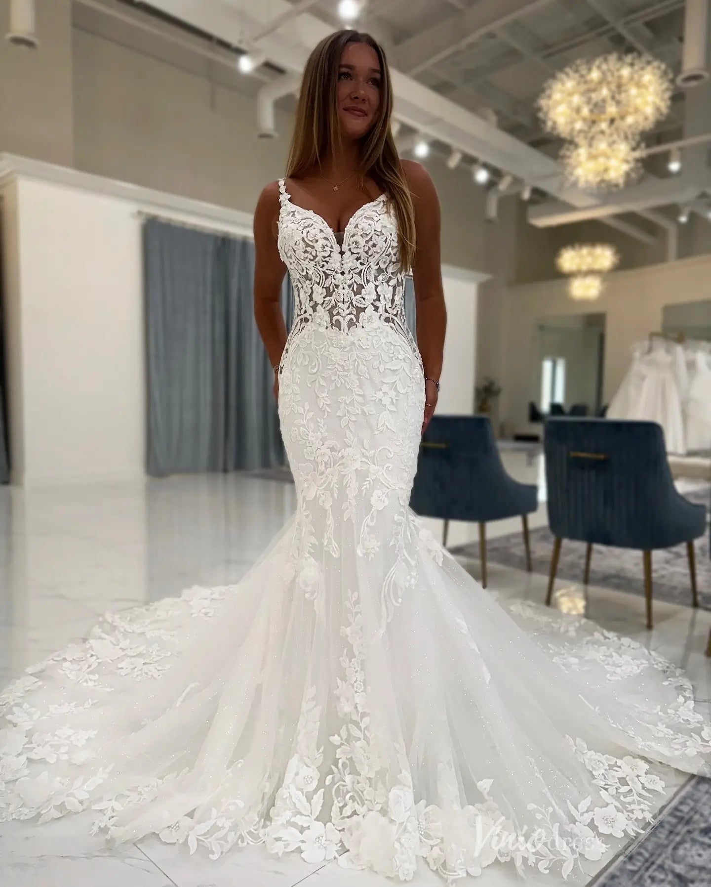 Ivory Mermaid Lace Wedding Dress with Deep V Neckline, Floral Strap Bodice & Sheer Chapel Lace Train – ML163