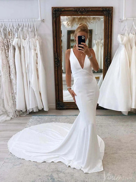 Ivory Mermaid V - Neck Outdoor Wedding Dresses Chapel Train Country Bridal Gown AW1011 - Viniodresswedding dressesIvoryCustom Size - Formal Dresses - Ball Gowns