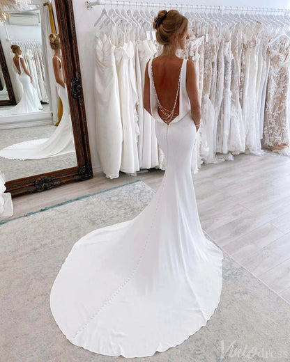 Ivory Mermaid V-Neck Wedding Dresses Satin Chapel Train Bridal Gown AW1003-wedding dresses 2025 -Viniodress-Ivory-Custom Size-